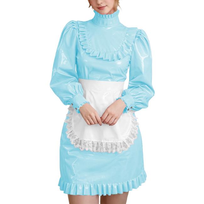 Wetlook PVC Leather Lockable French Maid Dress Outfits High Neck Long Sleeve Ruffle Trim Mini Dress with Apron Role Play Costume