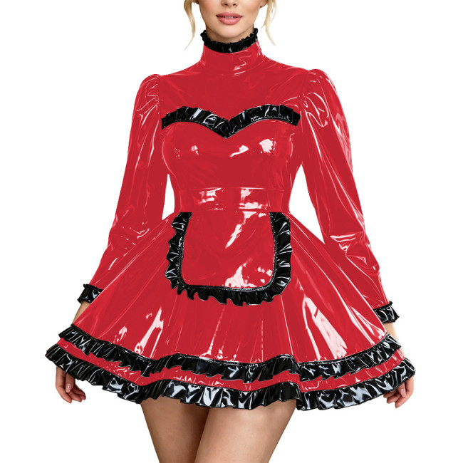 Fetish PVC Leather High Neck Maid Uniforms Long Sleeve Ruffle Trim A-Line Mini Dress with Apron Carnival Party Cosplay Costume