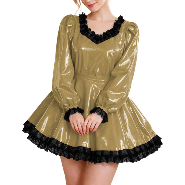 Glossy Party Dress Two Piece Set Puff Sleeve Lace Trim Top with Pleated A-Line Skirt Lockable Outfits Wetlook Evening Club Wear