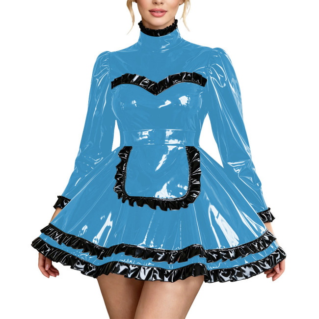Fetish PVC Leather High Neck Maid Uniforms Long Sleeve Ruffle Trim A-Line Mini Dress with Apron Carnival Party Cosplay Costume