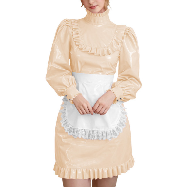 Wetlook PVC Leather Lockable French Maid Dress Outfits High Neck Long Sleeve Ruffle Trim Mini Dress with Apron Role Play Costume