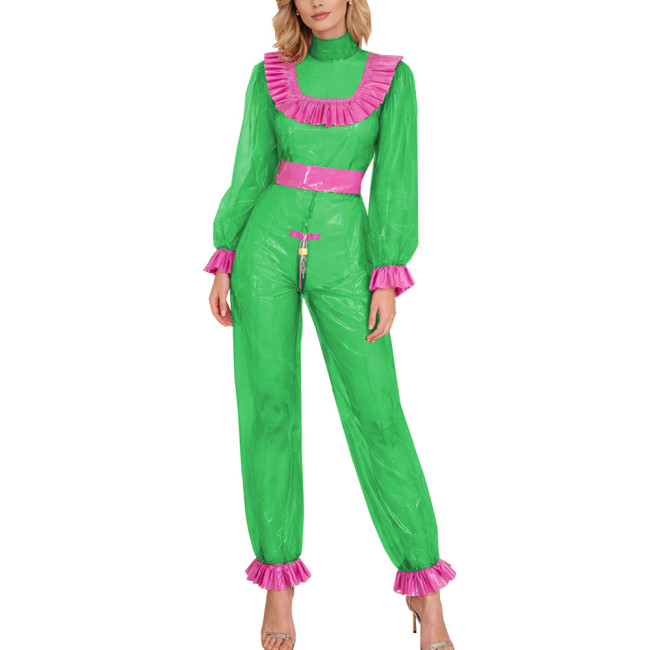 Lockable Pink Ruffle Trim Clear PVC Jumpsuit Sissy Fetish Plastic Long Sleeve High Neck Romper Themed Party Cosplay Bodysuit 7XL