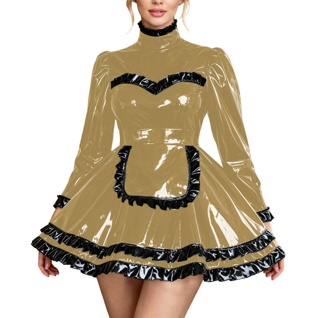 Fetish PVC Leather High Neck Maid Uniforms Long Sleeve Ruffle Trim A-Line Mini Dress with Apron Carnival Party Cosplay Costume