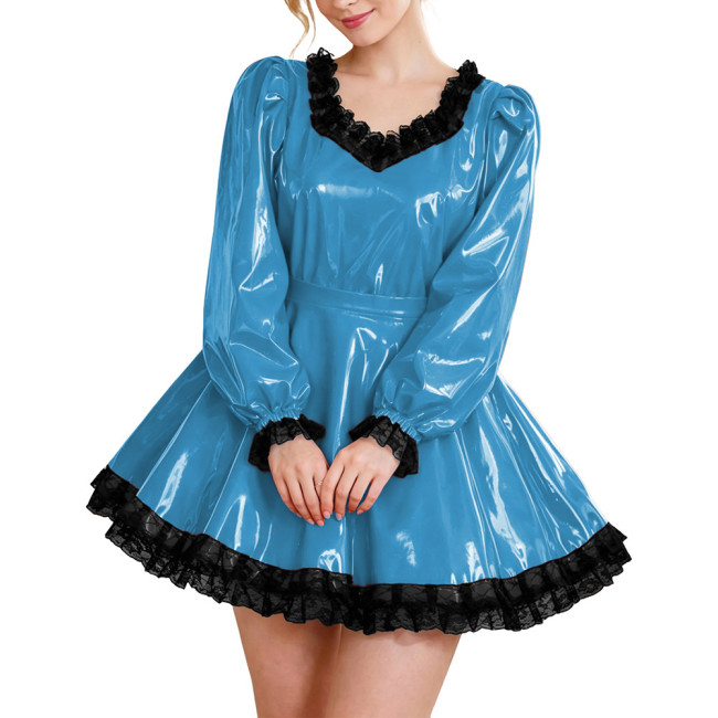 Glossy Party Dress Two Piece Set Puff Sleeve Lace Trim Top with Pleated A-Line Skirt Lockable Outfits Wetlook Evening Club Wear
