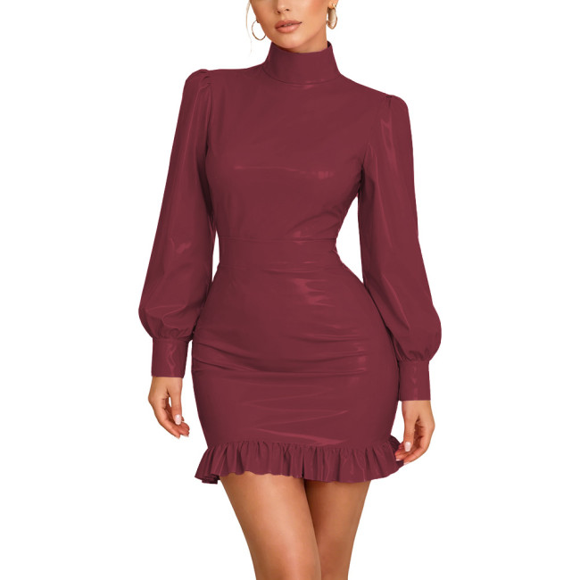 Womens Glossy PVC Leather 2 Piece Outfit Chic Long Sleeve High Neck Blouse Top Bodycon Mermaid Mini Skirt Set with Lock Clubwear