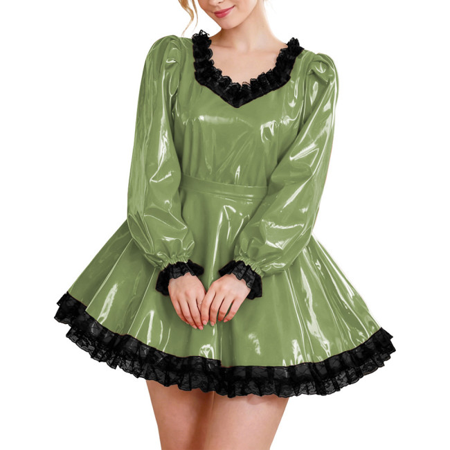 Glossy Party Dress Two Piece Set Puff Sleeve Lace Trim Top with Pleated A-Line Skirt Lockable Outfits Wetlook Evening Club Wear