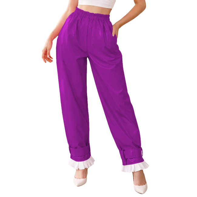 Lockable Glossy PVC Leather Lantern Pants Womens Mens Elastic Waist Baggy Trousers High Waist Ruffle Cuffs Loose Pants Cosplay