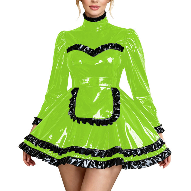 Fetish PVC Leather High Neck Maid Uniforms Long Sleeve Ruffle Trim A-Line Mini Dress with Apron Carnival Party Cosplay Costume