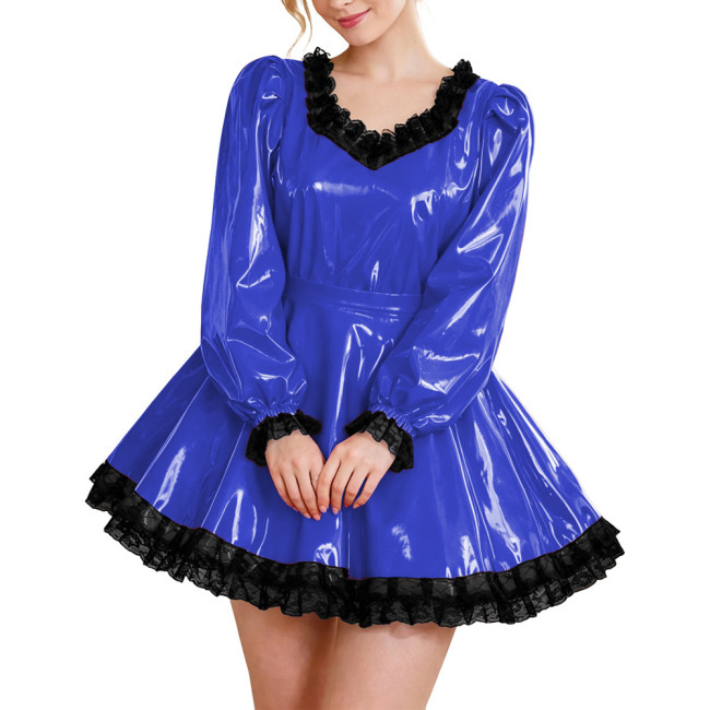 Glossy Party Dress Two Piece Set Puff Sleeve Lace Trim Top with Pleated A-Line Skirt Lockable Outfits Wetlook Evening Club Wear