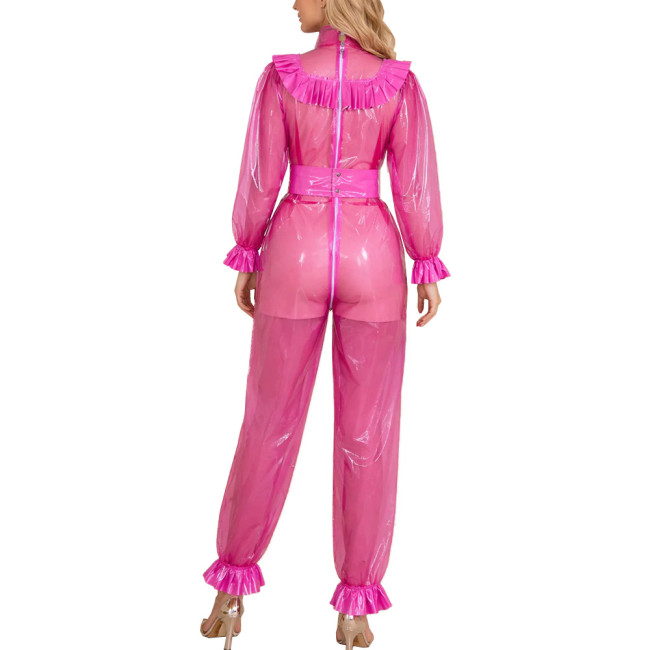 Lockable Pink Ruffle Trim Clear PVC Jumpsuit Sissy Fetish Plastic Long Sleeve High Neck Romper Themed Party Cosplay Bodysuit 7XL