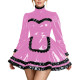 Fetish PVC Leather High Neck Maid Uniforms Long Sleeve Ruffle Trim A-Line Mini Dress with Apron Carnival Party Cosplay Costume