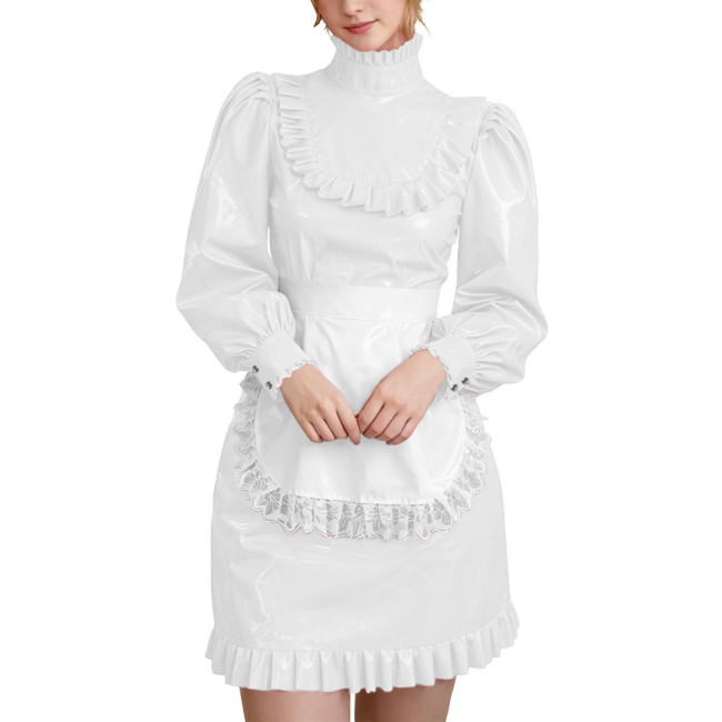Wetlook PVC Leather Lockable French Maid Dress Outfits High Neck Long Sleeve Ruffle Trim Mini Dress with Apron Role Play Costume