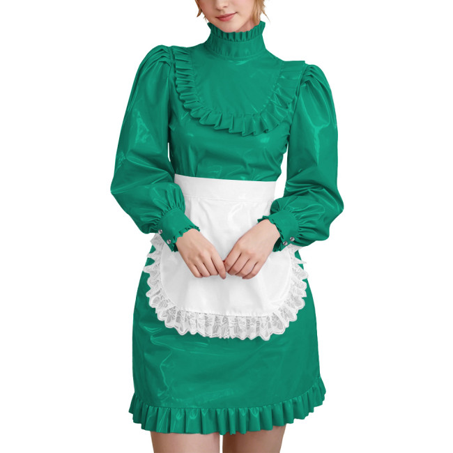 Wetlook PVC Leather Lockable French Maid Dress Outfits High Neck Long Sleeve Ruffle Trim Mini Dress with Apron Role Play Costume