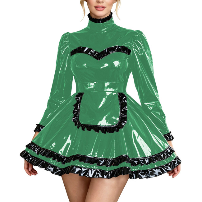 Fetish PVC Leather High Neck Maid Uniforms Long Sleeve Ruffle Trim A-Line Mini Dress with Apron Carnival Party Cosplay Costume