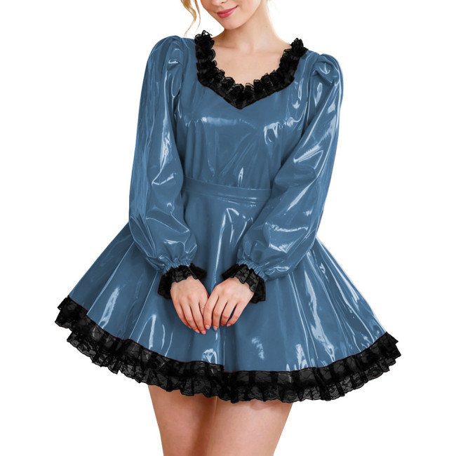 Glossy Party Dress Two Piece Set Puff Sleeve Lace Trim Top with Pleated A-Line Skirt Lockable Outfits Wetlook Evening Club Wear