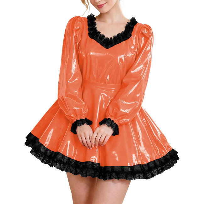 Glossy Party Dress Two Piece Set Puff Sleeve Lace Trim Top with Pleated A-Line Skirt Lockable Outfits Wetlook Evening Club Wear