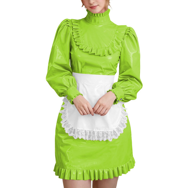 Wetlook PVC Leather Lockable French Maid Dress Outfits High Neck Long Sleeve Ruffle Trim Mini Dress with Apron Role Play Costume