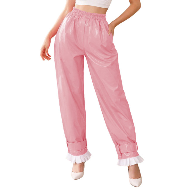 Lockable Glossy PVC Leather Lantern Pants Womens Mens Elastic Waist Baggy Trousers High Waist Ruffle Cuffs Loose Pants Cosplay