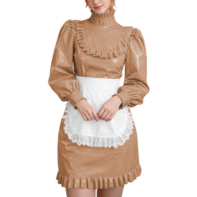 Wetlook PVC Leather Lockable French Maid Dress Outfits High Neck Long Sleeve Ruffle Trim Mini Dress with Apron Role Play Costume