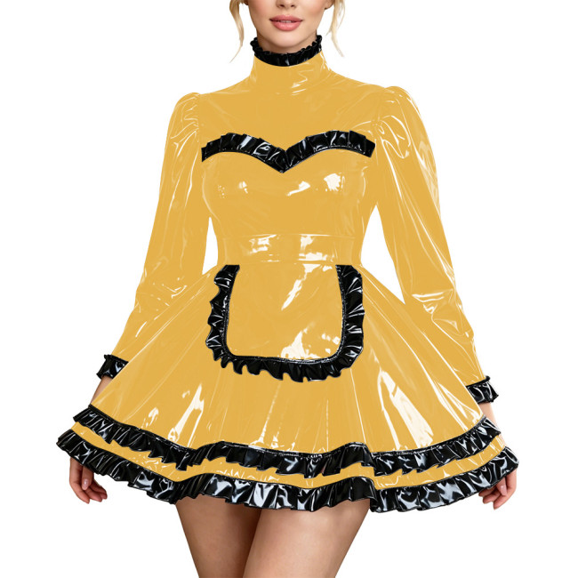 Fetish PVC Leather High Neck Maid Uniforms Long Sleeve Ruffle Trim A-Line Mini Dress with Apron Carnival Party Cosplay Costume