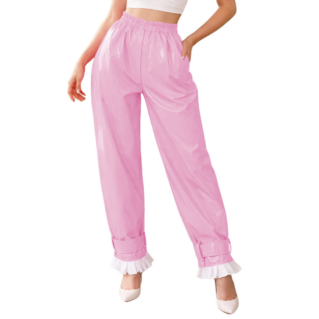 Lockable Glossy PVC Leather Lantern Pants Womens Mens Elastic Waist Baggy Trousers High Waist Ruffle Cuffs Loose Pants Cosplay