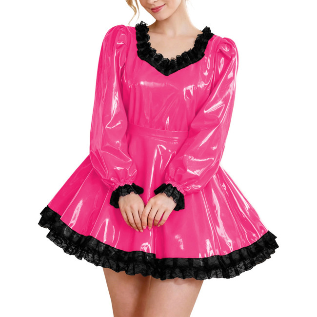 Glossy Party Dress Two Piece Set Puff Sleeve Lace Trim Top with Pleated A-Line Skirt Lockable Outfits Wetlook Evening Club Wear