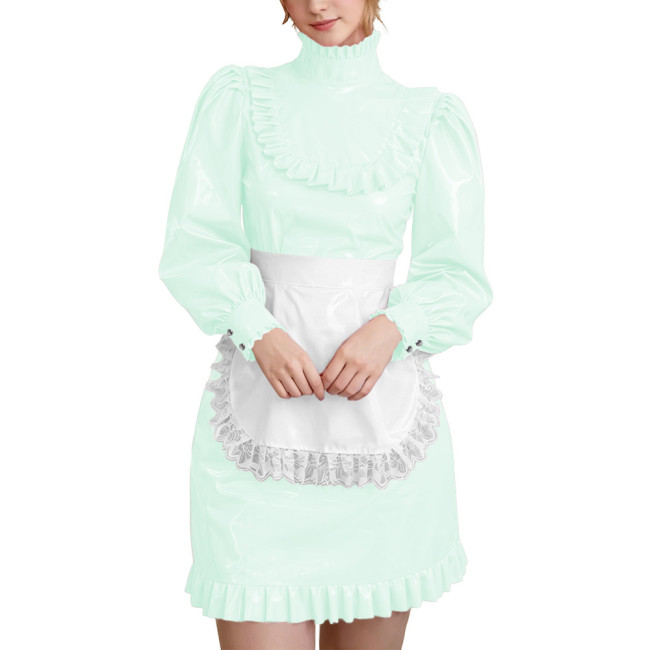 Wetlook PVC Leather Lockable French Maid Dress Outfits High Neck Long Sleeve Ruffle Trim Mini Dress with Apron Role Play Costume