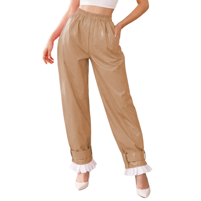 Lockable Glossy PVC Leather Lantern Pants Womens Mens Elastic Waist Baggy Trousers High Waist Ruffle Cuffs Loose Pants Cosplay