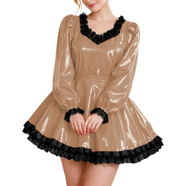 Glossy Party Dress Two Piece Set Puff Sleeve Lace Trim Top with Pleated A-Line Skirt Lockable Outfits Wetlook Evening Club Wear