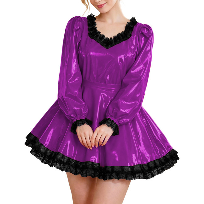 Glossy Party Dress Two Piece Set Puff Sleeve Lace Trim Top with Pleated A-Line Skirt Lockable Outfits Wetlook Evening Club Wear