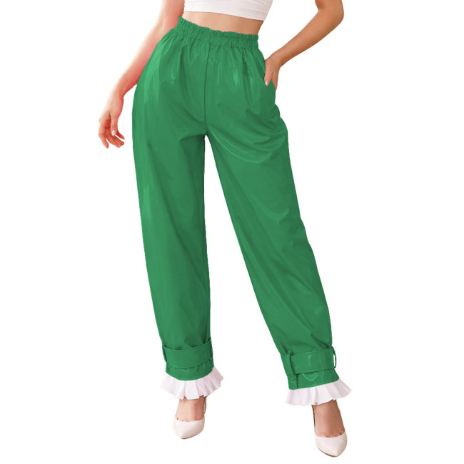 Lockable Glossy PVC Leather Lantern Pants Womens Mens Elastic Waist Baggy Trousers High Waist Ruffle Cuffs Loose Pants Cosplay