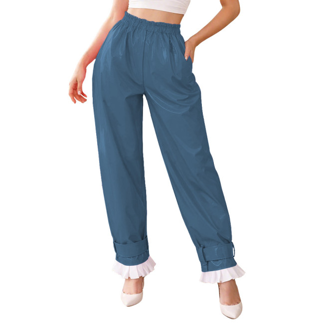 Lockable Glossy PVC Leather Lantern Pants Womens Mens Elastic Waist Baggy Trousers High Waist Ruffle Cuffs Loose Pants Cosplay