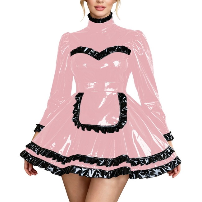Fetish PVC Leather High Neck Maid Uniforms Long Sleeve Ruffle Trim A-Line Mini Dress with Apron Carnival Party Cosplay Costume