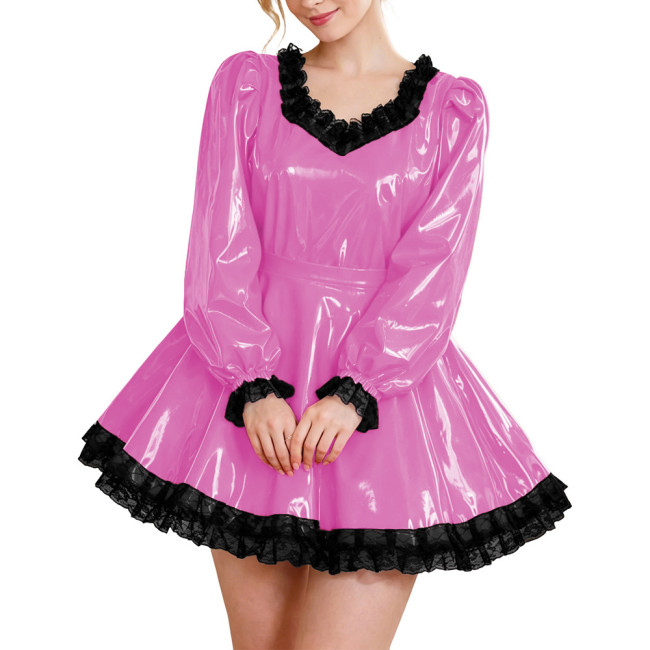 Glossy Party Dress Two Piece Set Puff Sleeve Lace Trim Top with Pleated A-Line Skirt Lockable Outfits Wetlook Evening Club Wear