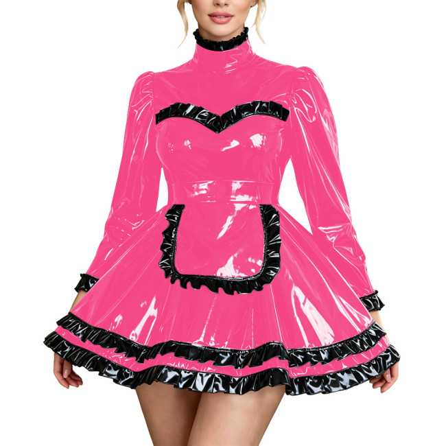 Fetish PVC Leather High Neck Maid Uniforms Long Sleeve Ruffle Trim A-Line Mini Dress with Apron Carnival Party Cosplay Costume