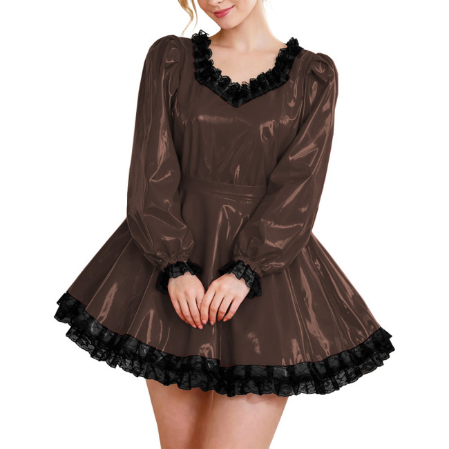 Glossy Party Dress Two Piece Set Puff Sleeve Lace Trim Top with Pleated A-Line Skirt Lockable Outfits Wetlook Evening Club Wear
