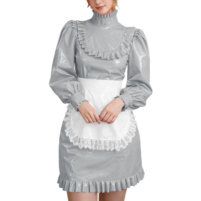 Wetlook PVC Leather Lockable French Maid Dress Outfits High Neck Long Sleeve Ruffle Trim Mini Dress with Apron Role Play Costume