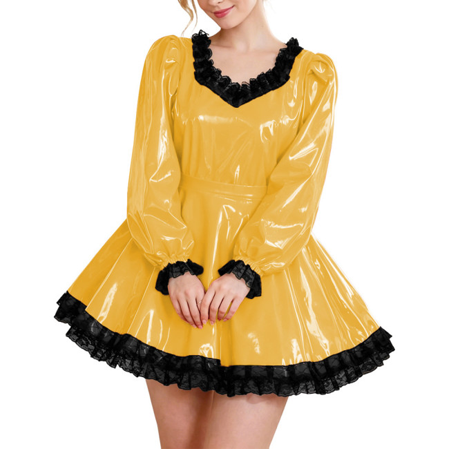 Glossy Party Dress Two Piece Set Puff Sleeve Lace Trim Top with Pleated A-Line Skirt Lockable Outfits Wetlook Evening Club Wear