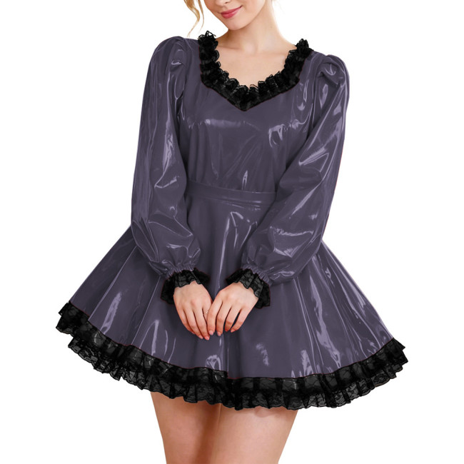 Glossy Party Dress Two Piece Set Puff Sleeve Lace Trim Top with Pleated A-Line Skirt Lockable Outfits Wetlook Evening Club Wear