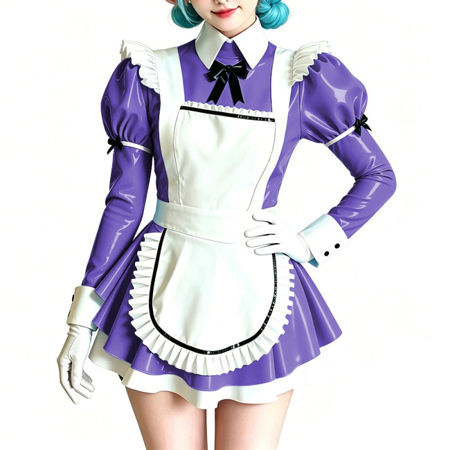Womens Sweet Party Vinyl Maid Uniform Shiny PVC Puff Sleeve Peter Pan Collar Mini Dress with Apron Halloween Cosplay Costume 7XL
