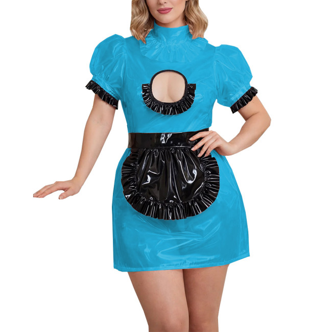 Lockable Sexy Bodycon Maid Uniforms High Neck Fetish Clear PVC Chest Cutout Mini Pencil Dress with Apron Novetly Cosplay Outfits