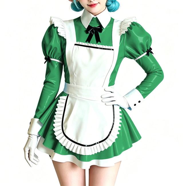 Womens Sweet Party Vinyl Maid Uniform Shiny PVC Puff Sleeve Peter Pan Collar Mini Dress with Apron Halloween Cosplay Costume 7XL
