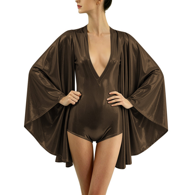 Shiny Cape Sleeves Liquid Metallic Bodysuit Themed Party V-Neck Leotard Halloween Cosplay Rave Show Clubwear Sissy Sexy Rompers
