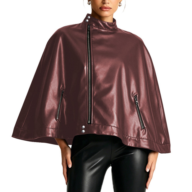 Matte Faux Leather Cape Coat for Women High Neck Side Zipper Short Poncho Jacket Party Punk Style Sleeveless Ponchos Clubwear