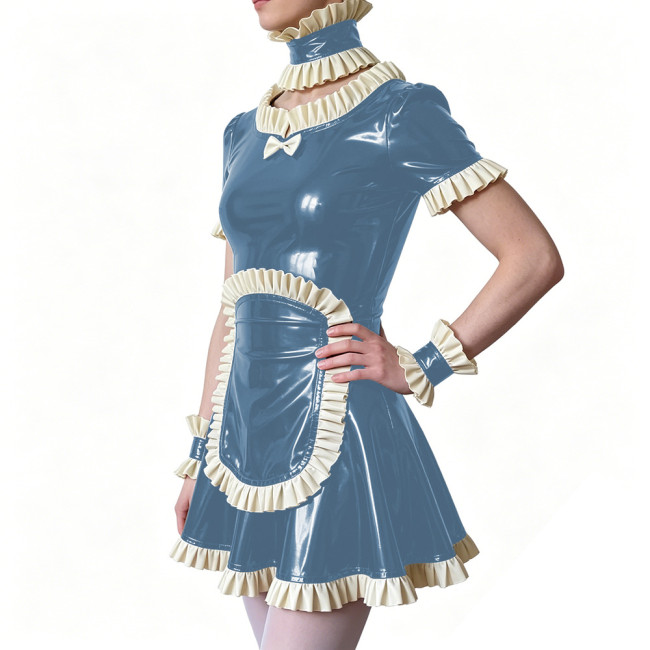 Sissy Ruffles Trim French Maid Dress with Apron Choker Wrist Cuffs Glossy PVC Leather Party Carnival Role Play Maid Uniforms 7XL