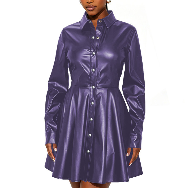 Women Long Sleeve Turn-Down Collar Mini Dress High Street Faux Leather Flared Hem Short Gown Female Buttons Party Shirt Dress
