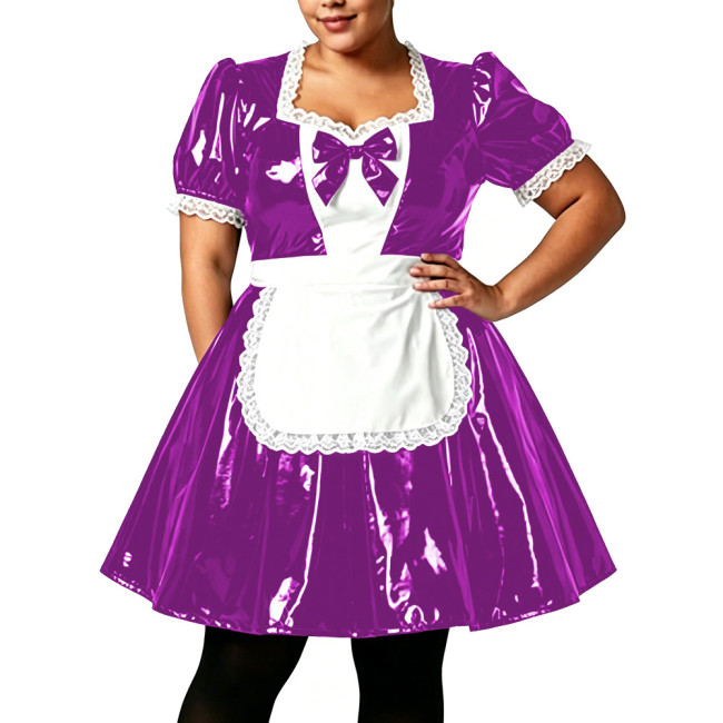 Plus Size Women Shiny PVC Maid Uniforms Glossy Puff Short Sleeve Lace Trim Bow A-line Dress with Apron Sissy Cosplay Costume 7XL