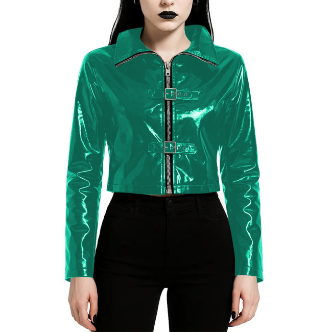 Plus Size Wet PVC Leather Cropped Jacket Long Sleeve Collared Top with Front Zipper Fashion Buckle Glossy Biker Style Short Coat