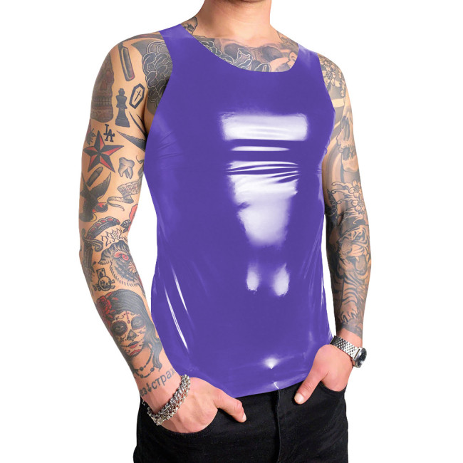Mens PVC Vinyl Leather Tank Tops Glossy Vest T-Shirts Sleeveless Male Wetlook Zipper Back O-neck Slim Vest Nightclub Costumes