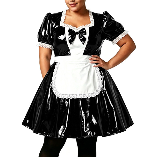 Plus Size Women Shiny PVC Maid Uniforms Glossy Puff Short Sleeve Lace Trim Bow A-line Dress with Apron Sissy Cosplay Costume 7XL